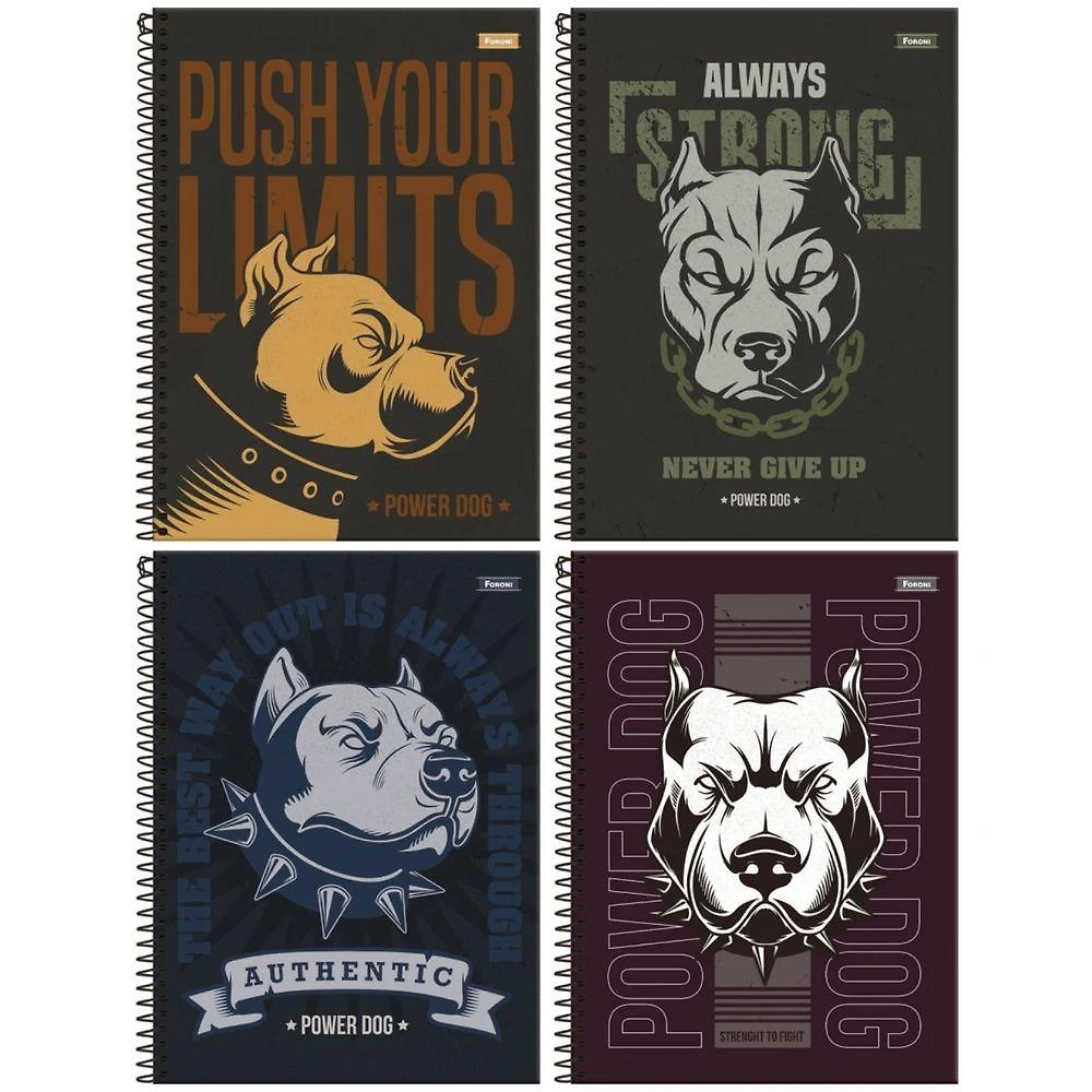 Caderno Espiral Capa Dura Foroni Power Dog 160 Folhas Pautadas 10 Matérias Formato 200X275MM Branco