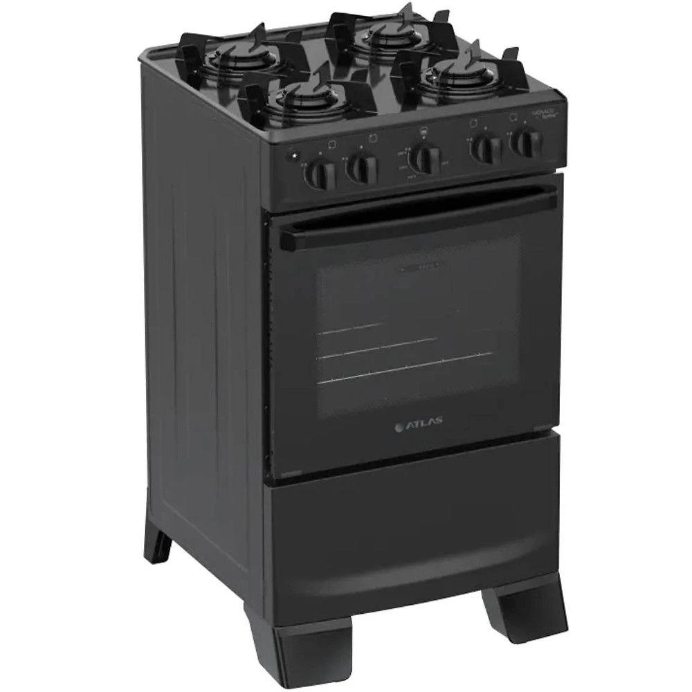 Fogão a Gás 4 Bocas Atlas Mônaco Lustro Esmaltada Automático Preto Bivolt