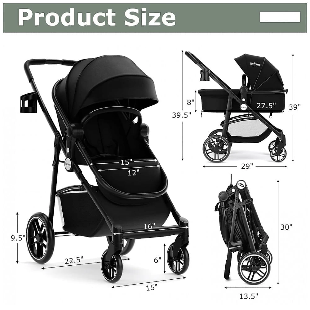 Carrinho de Bebê INFANS 2-em-1 Preto com Bassinet Reversível Paisagem Alta