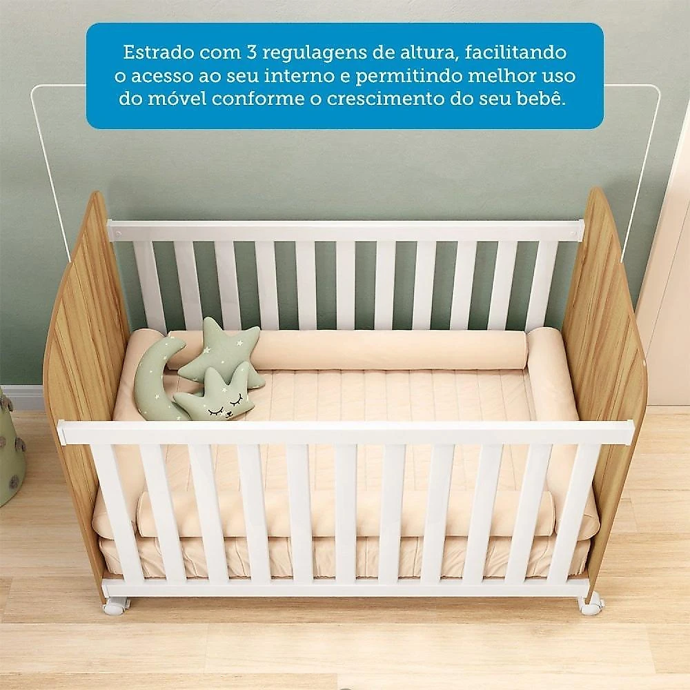 Quarto de Bebê com Guarda Roupas 3 Portas Cômoda e Berço com Rodizio Mimo 100% Mdf Espresso Móveis Branco Brilho/Amêndoa