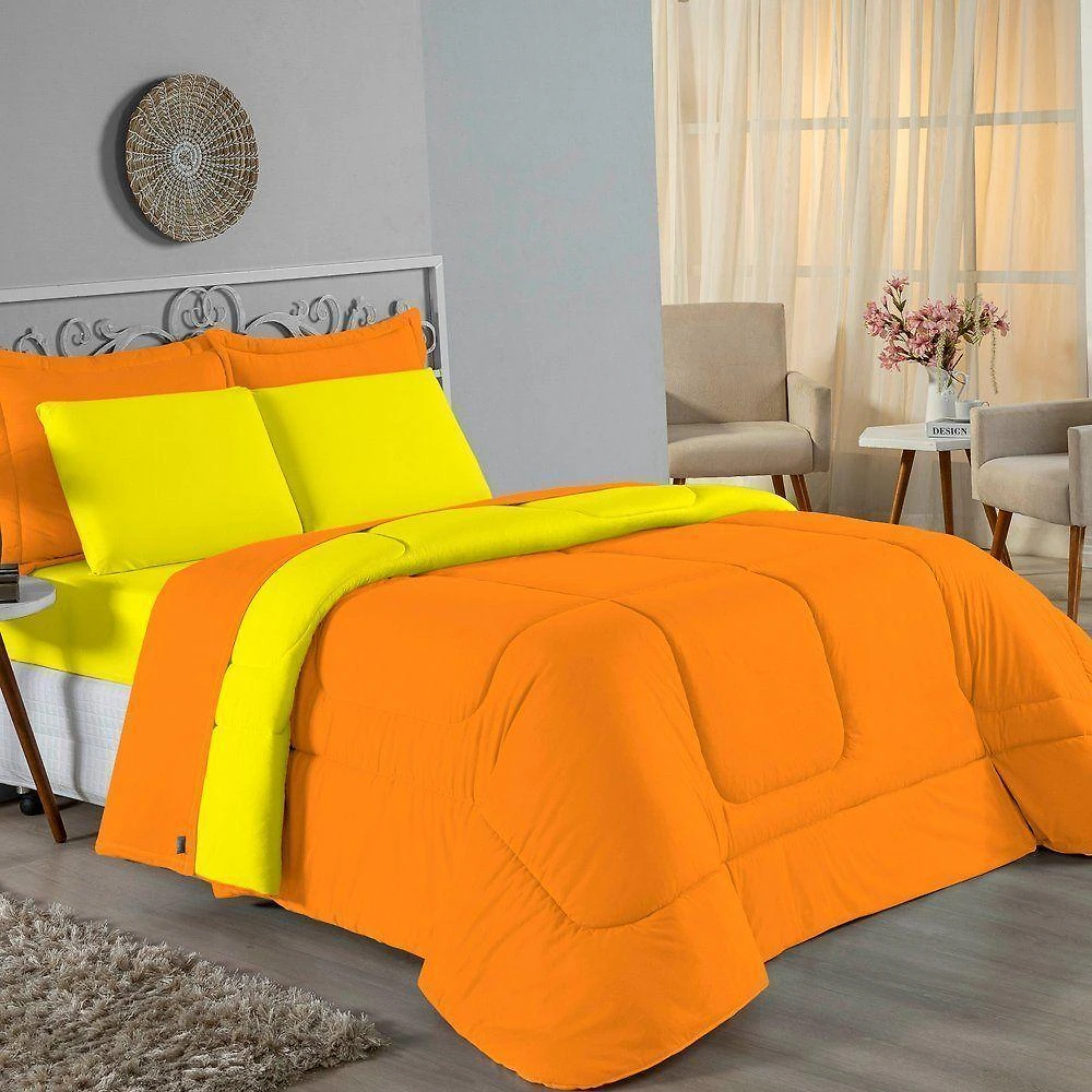 Edredom Queen Nobre 1 Peça Dupla Face 2,40m X 2,60m Malha 100% Algodão - Laranja / Amarelo