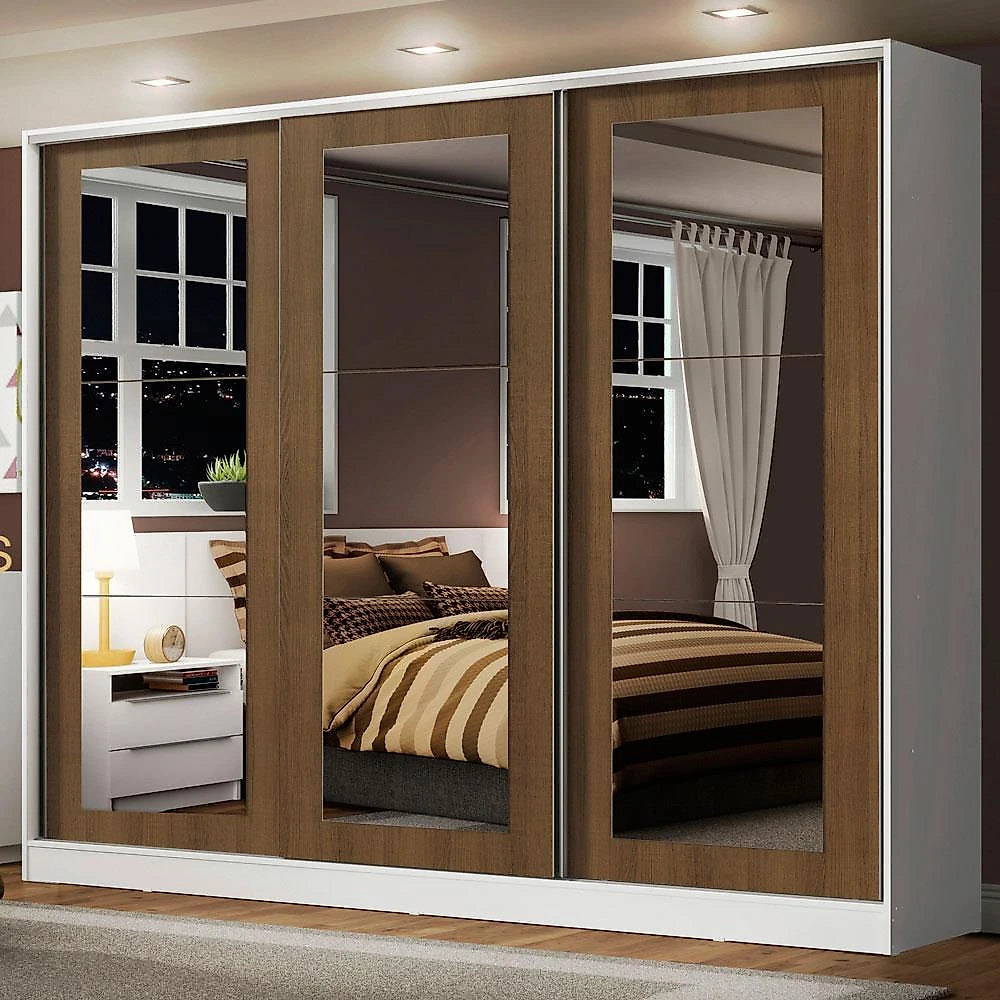 Guarda-roupa casal 100% mdf madesa eros 3 portas de correr de espelho - branco/rustic