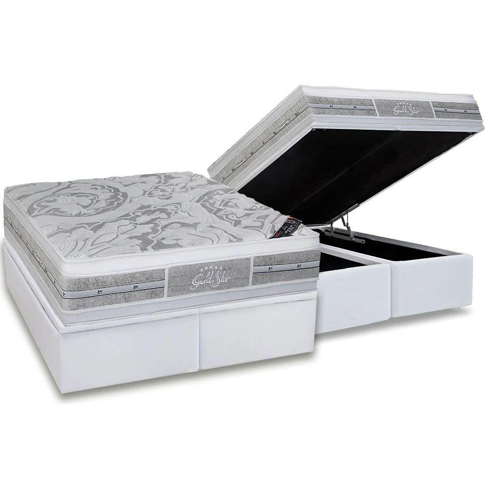 Cama Box Baú Queen: Colchão Molas Pocket Ensacadas Castor Super Luxo Látex Plush + Base Crc Courano White (158x198)