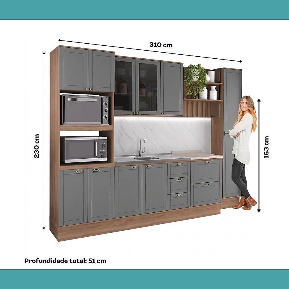 Cozinha Milla Cleo 11 Portas 5 Gavetas MDF-MDP 310CM Nogal com Cinza Móveis Carraro webcontinental-7893455167878