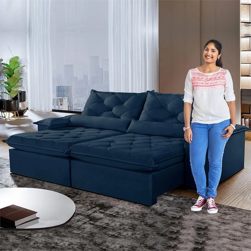 Sofá Retrátil e Reclinável 4 Lugares 220cm Diamond Super Pillow Montano Estofados Veludo Marinho
