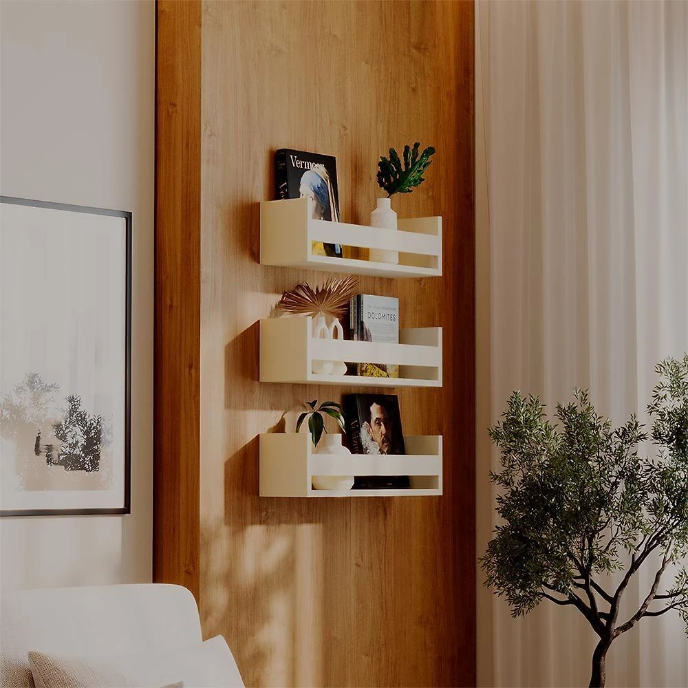 Prateleira Kit 3 Porta Livros Retangular MDF Suporte Invisível Organizador Sala Bege Claro