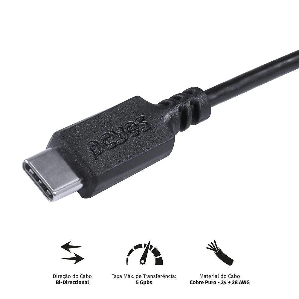Cabo Para Celular Smartphone Usb Tipo C Para Usb A 3.0 1 Metro Preto - P3Uacp-1