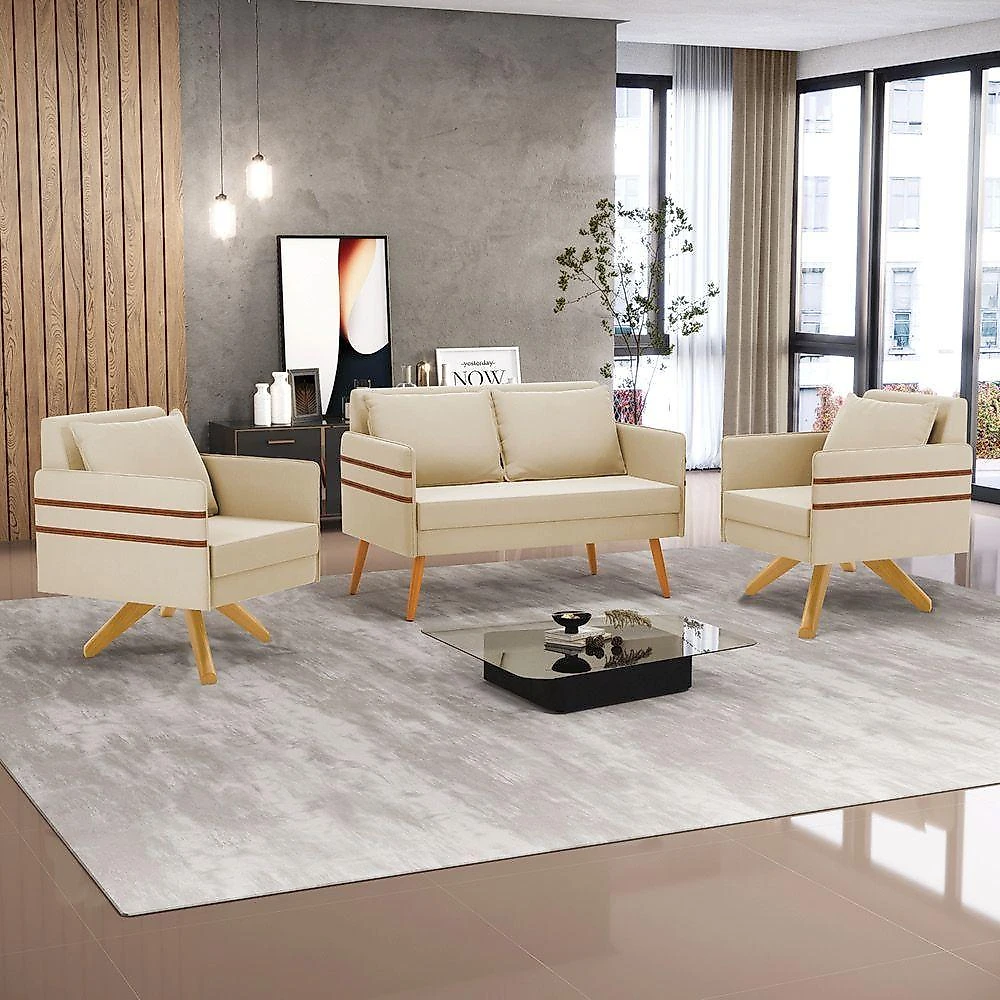 Kit 01 Namoradeira 02 Lugares E 02 Poltronas Mari Suede Bege Base De Madeira Ma30 - D'Rossi