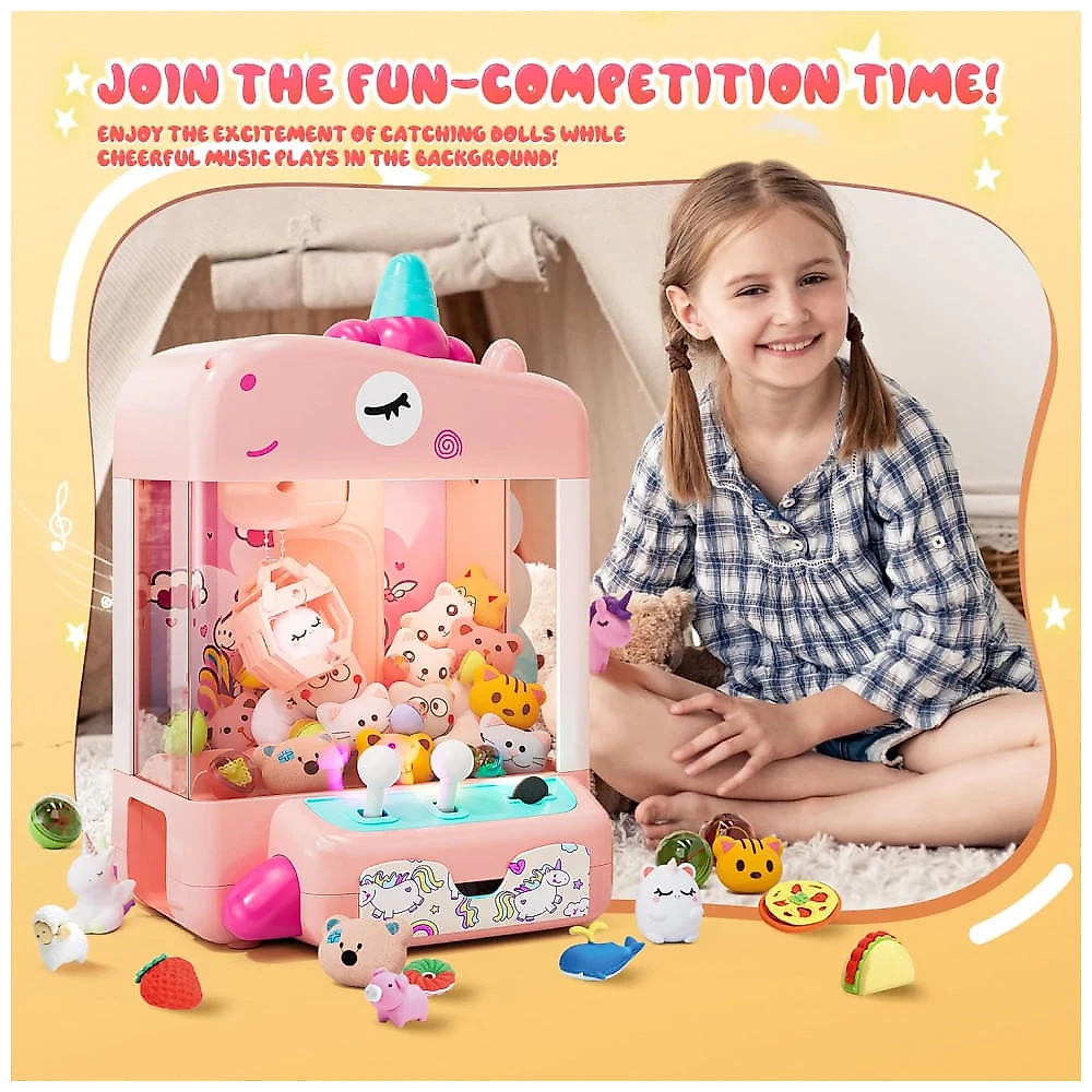 Máquina de Garra Unicórnios Skirfy Rosa e Lilás – Mini Arcade Infantil com 5 Unicórnios, 10 Acessórios “Donut”, 10 Brinquedos Cápsula e 20 Moedas