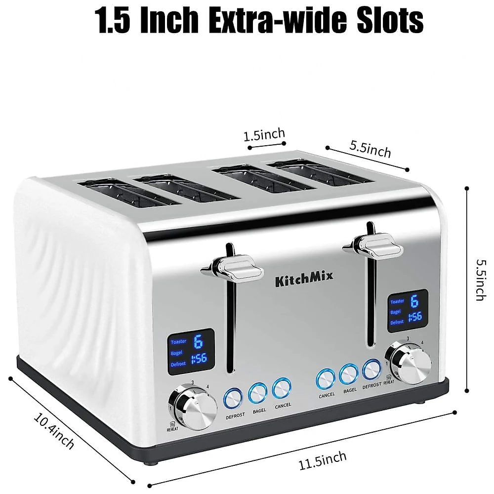 Torradeira Elétrica de 4 Fatias em Aço Inoxidável e Temporizador LCD, 110V 1650W, KitchMix, Branca
