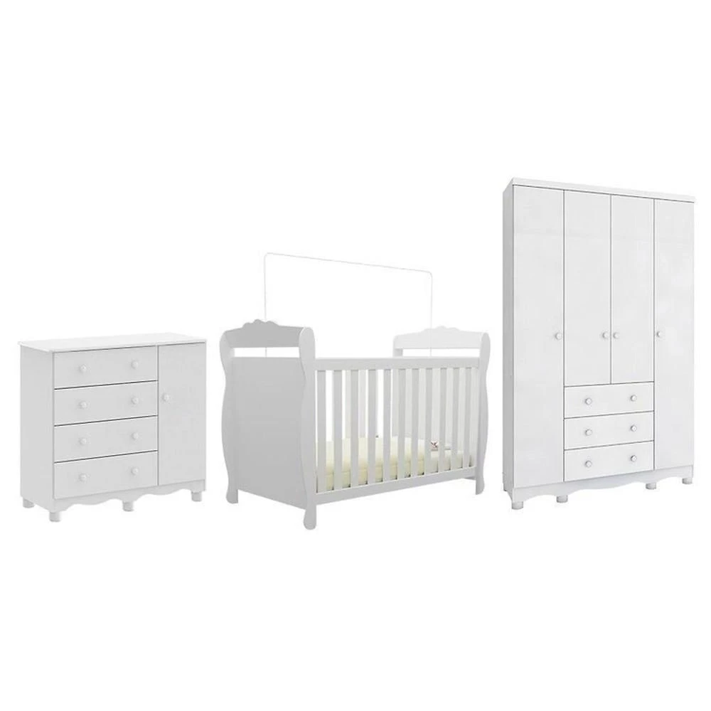 Miniatura Quarto de Bebê Completo Berço Minicama Guarda-roupa 4 Portas e Cômoda 100% Mdf Nina Espresso Móveis Branco Brilho