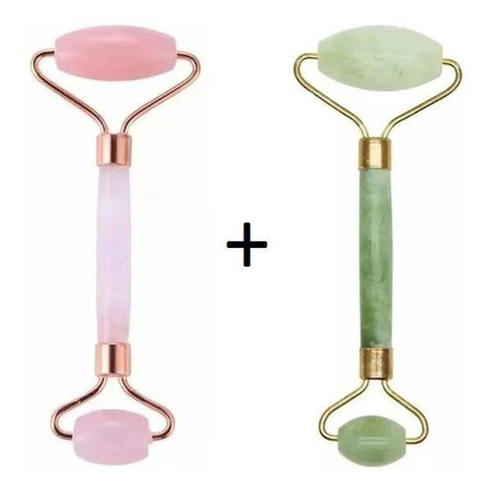 Rolo Massageador Facial Pedra Quartzo Pedra Rosa + Pedra Jade Verde
