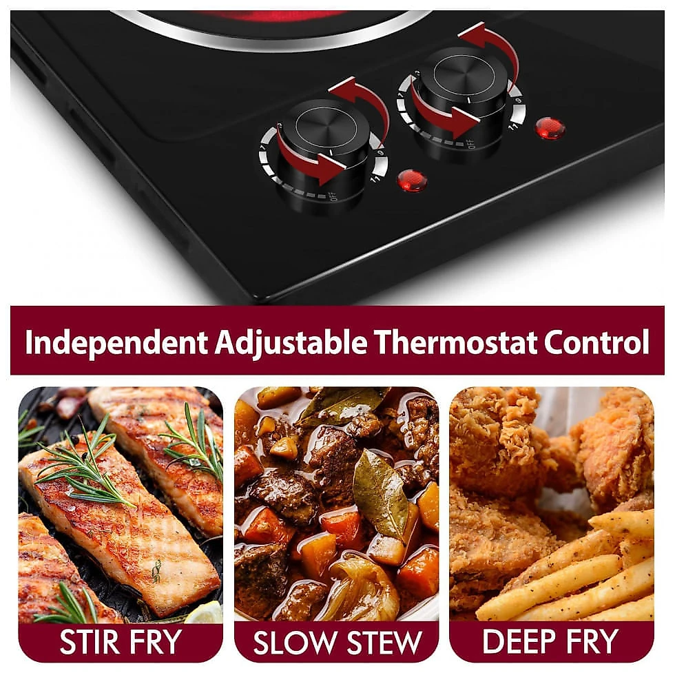 Cooktop Elétrico de Bancada com 2 Queimadores Infravermelhos, Aço Inoxidável, 1800W 110V, Cusimax, Preto