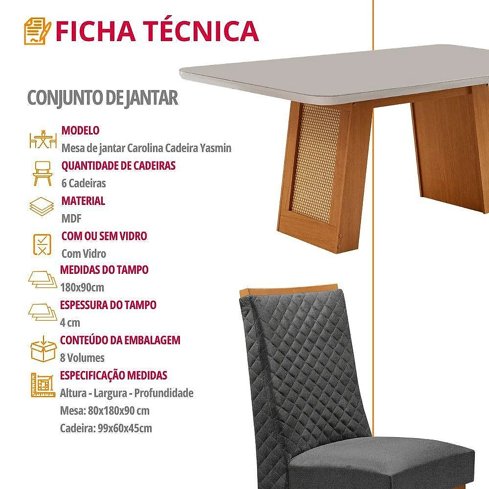 Conjunto de Jantar Carolina 6 Lugares Tampo MDF Cadeiras Estofadas Bordadas Grafite 180CM Moderna