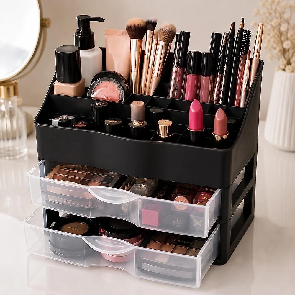 Organizador de Cosmético Porta Maquiagem Nitron com Divisórias e 2 Gavetas Removíveis