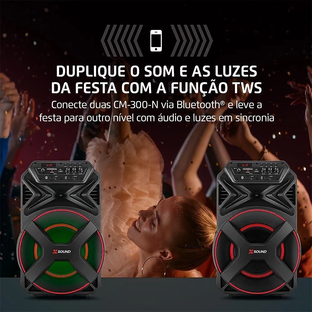 Caixa de som amplificada mondial xsound cm-300-n 300w bluetooth bateria até 9h preta