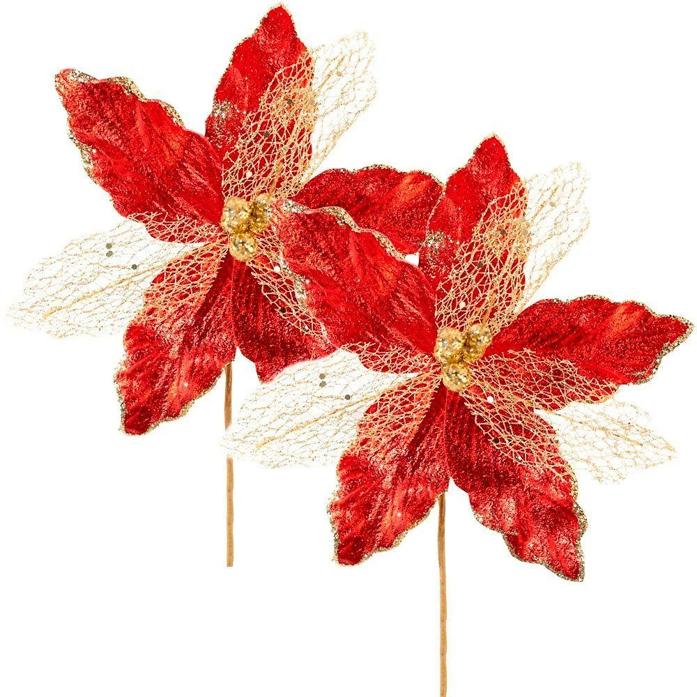 Kit 10 Flores Artificiais para Arranjo Decorativo com Glitter Dourado Vermelho