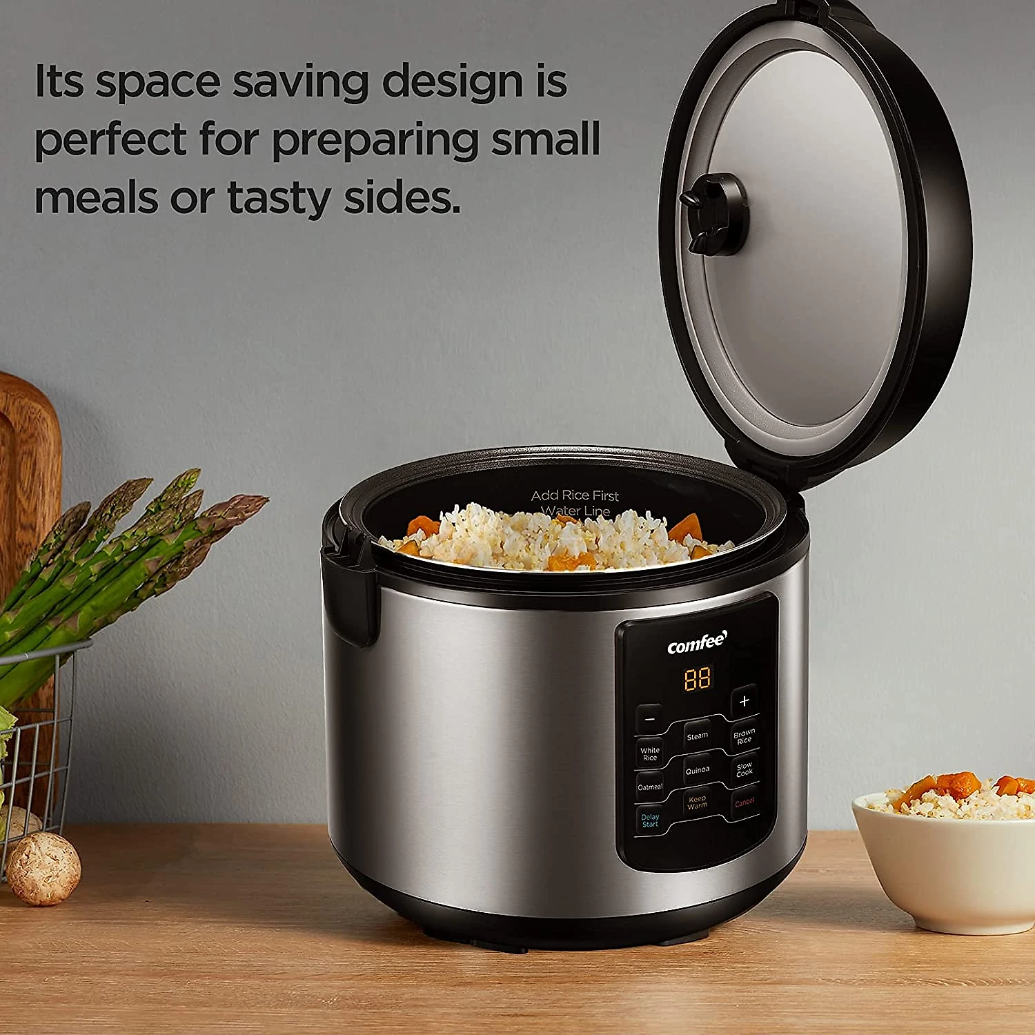 COMFEE Rice Cooker 6in1 Stainless Steel Multi Cooker Slow Cooker Steamer Saute and Warmer 2 QT 8 Cups Cooked Brown Rice Quinoa and Oatmeal 6 OneTouch Programs