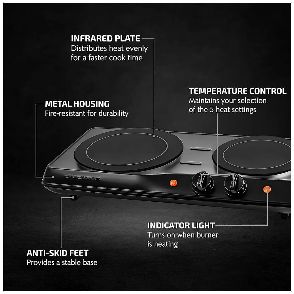 Cooktop Duplo Infravermelho OVENTE, 1700W, Placa Elétrica Portátil com Cooktop de Vidro Cerâmico de 19,7cm e 17,1cm, 5 Níveis de Ajuste de