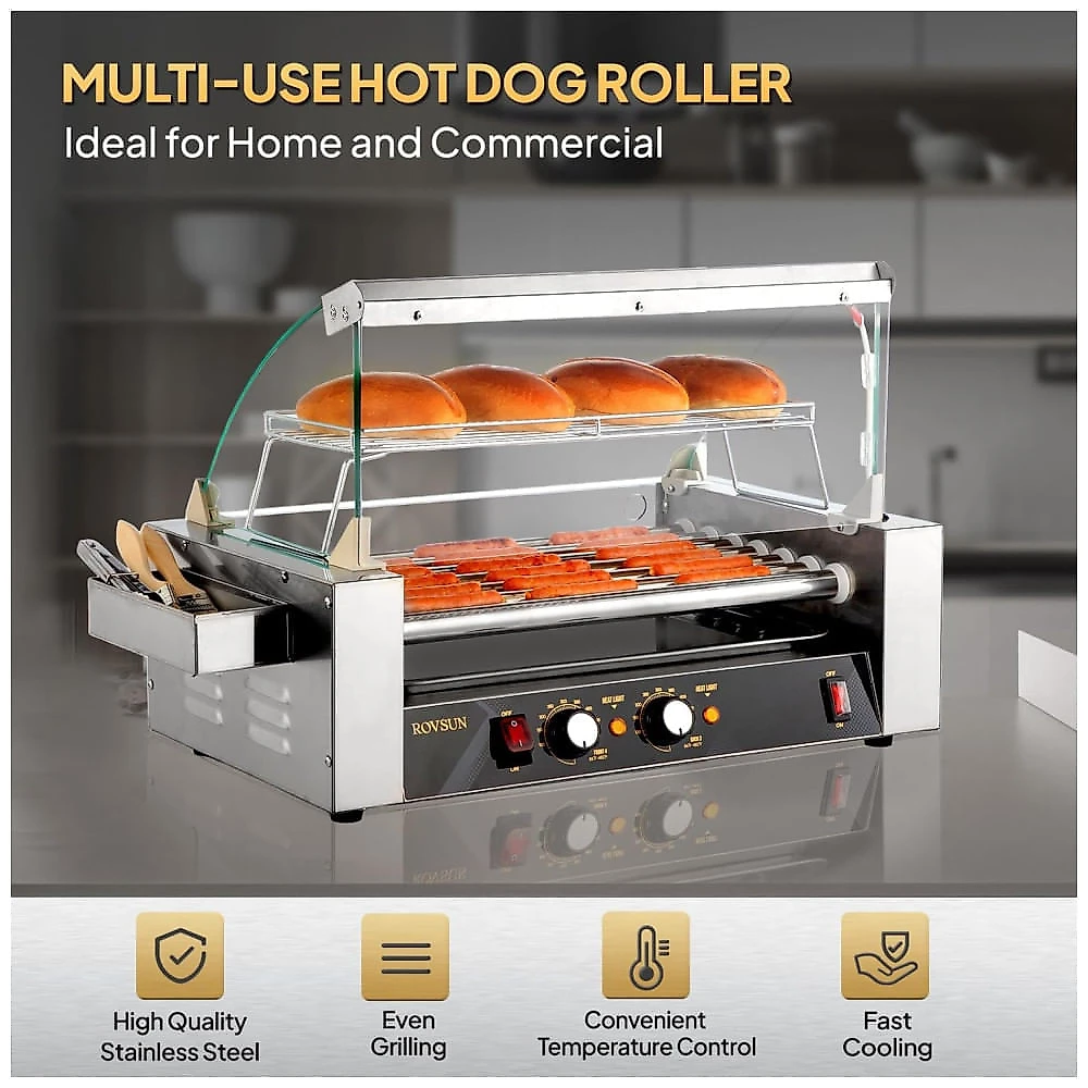 Máquina para Cachorro Quente 7 Rolos até 18 Salsichas com Luz LED, Controle de Temperatura Duplo e Aquecedor de Pão, 11...