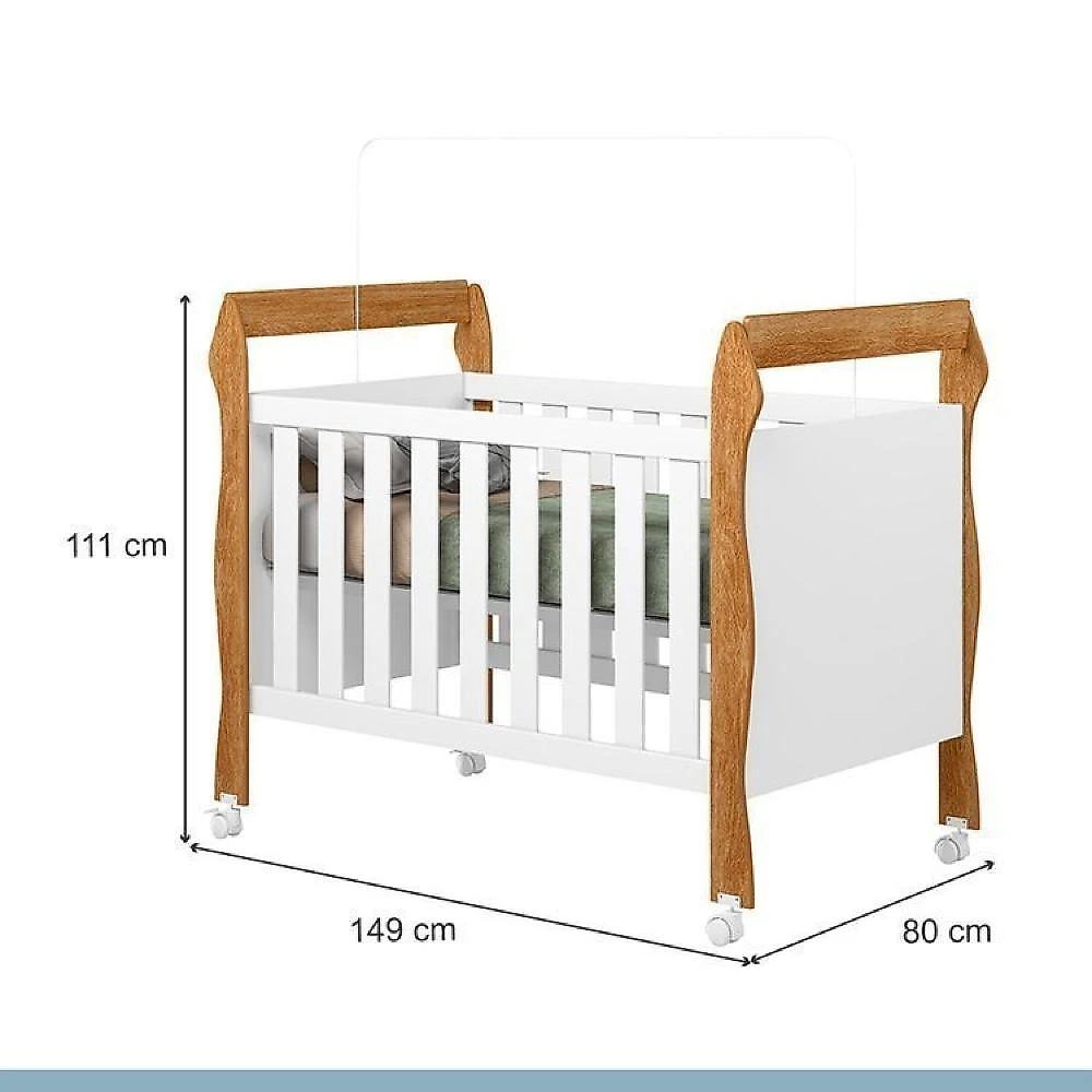 Quarto de Bebê com Berço Mini Cama, Cômoda 1 Porta 4 Gavetas e Roupeiro 100% Mdf 3 Portas 2 Gavetas Branco/Madeirado Ypê
