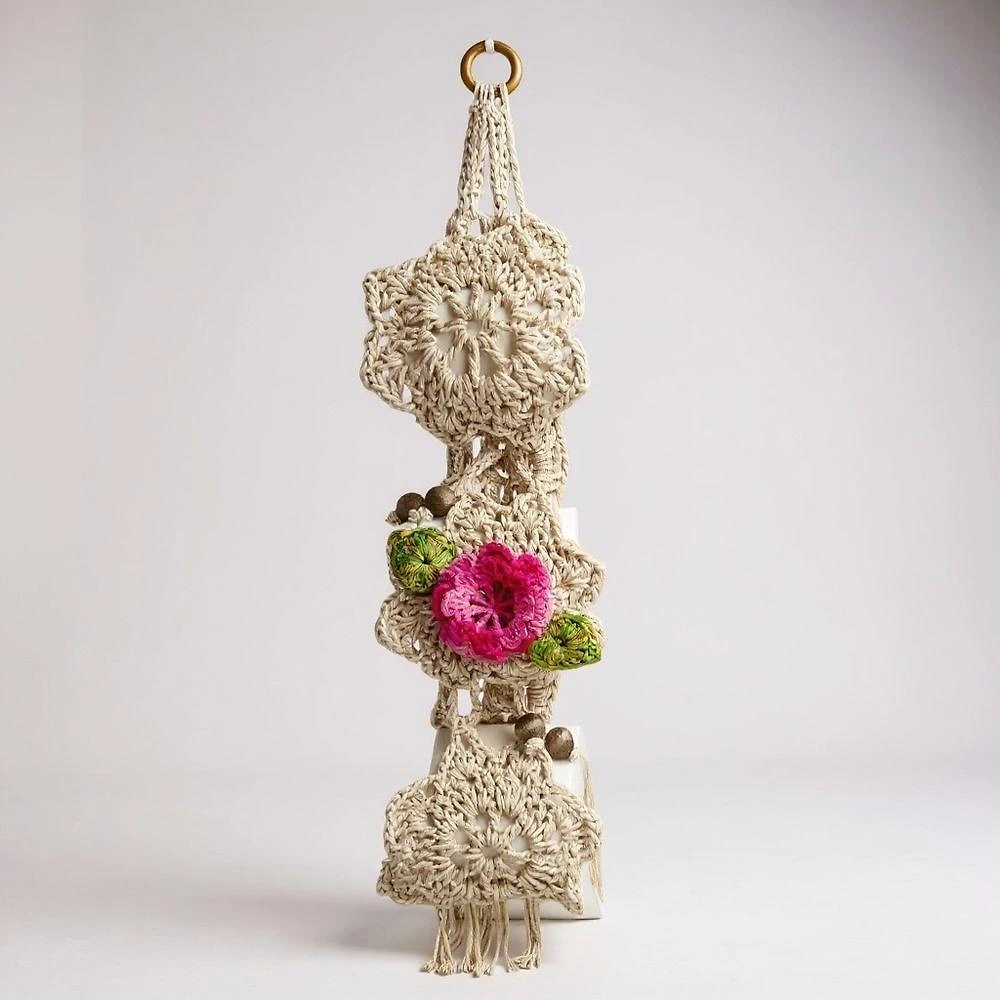 Porta Papel Higiênico Crochê Flor Bordado 70x17CM 3 Rolos Pink Artesanal