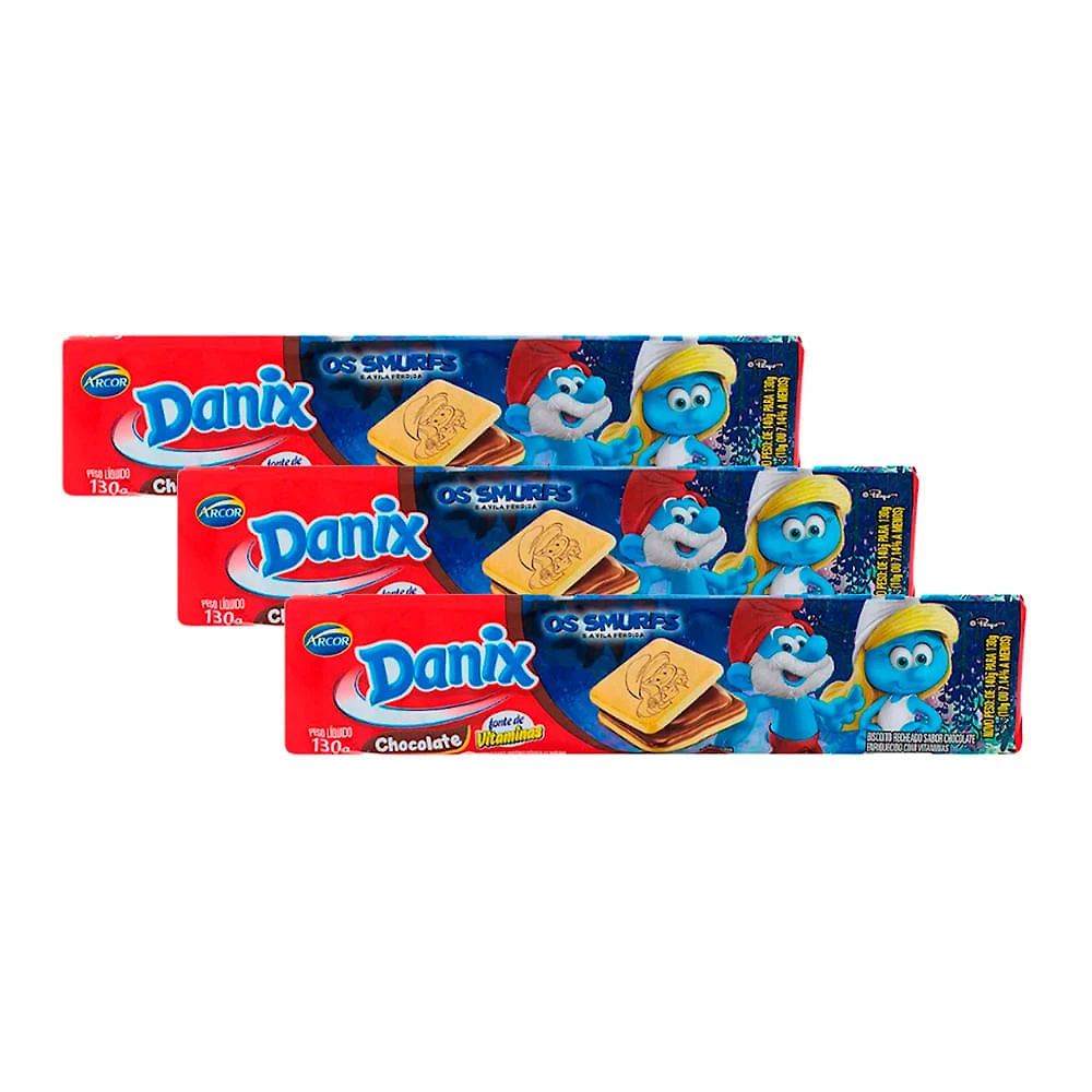 Kit 3 Biscoito Recheado Danix Smurfs Sabor Chocolate 130g