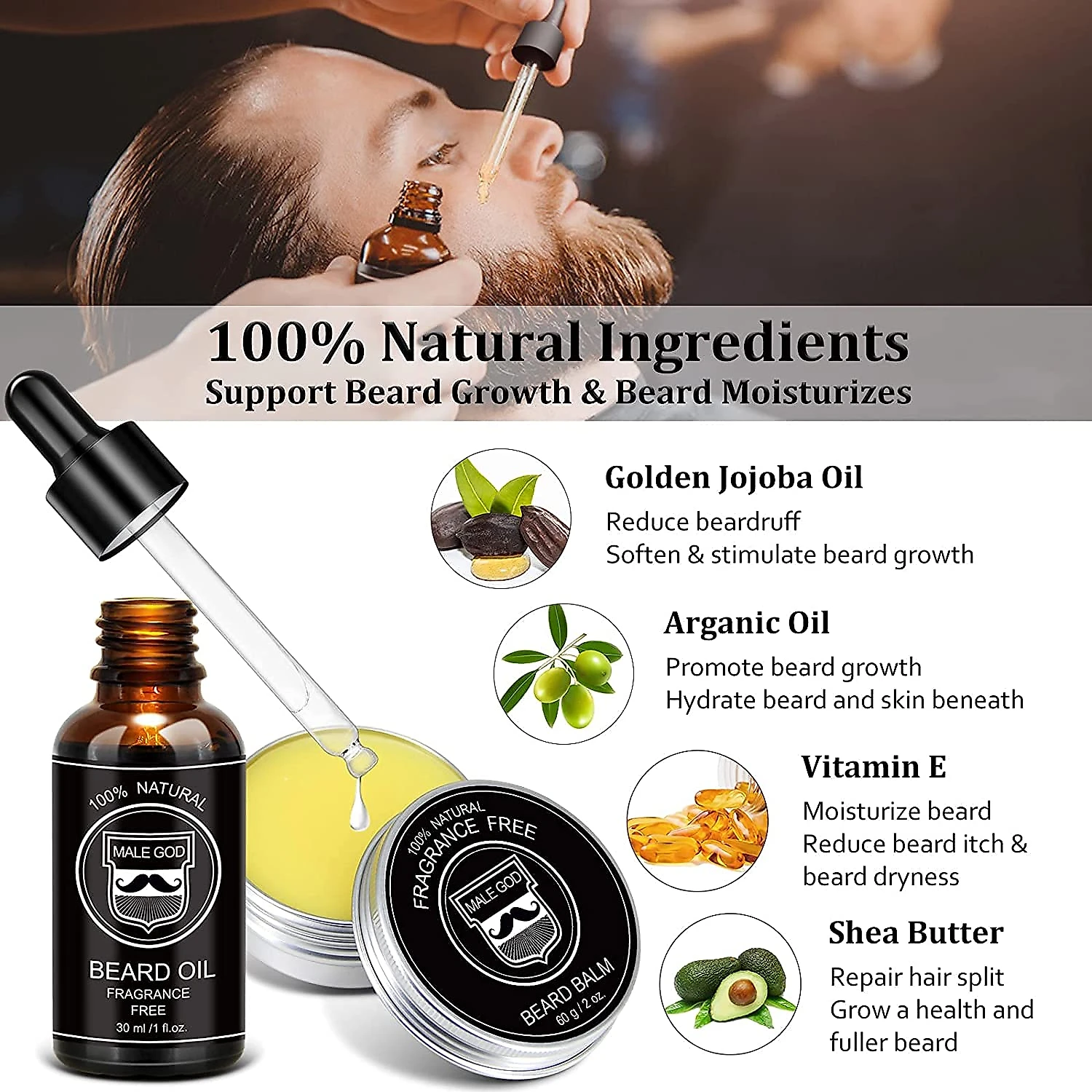 MALE GOD Kit para Barba Profissional Portátil com Cera e Pente 6 Itens
