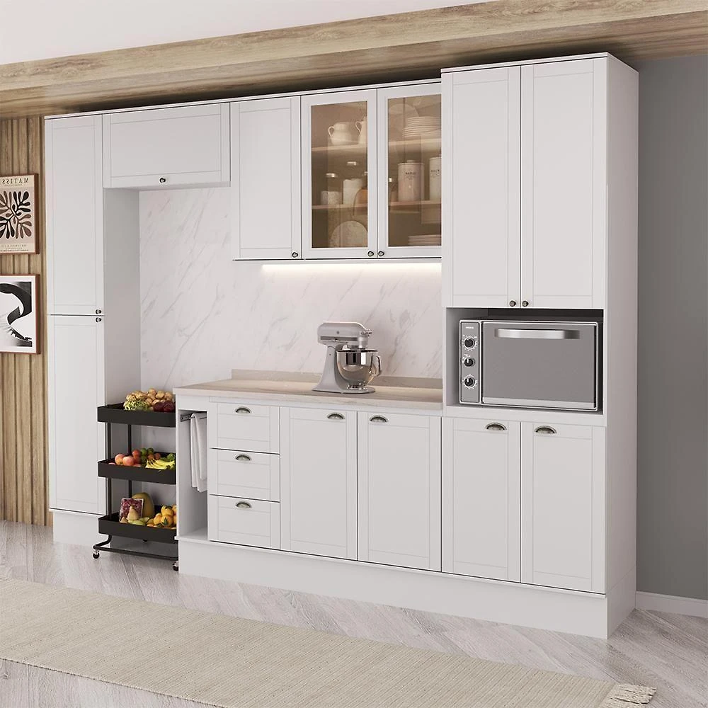 Cozinha Completa com Balcão Milla Stellar Gold 12 Portas MDF 310cm Branco