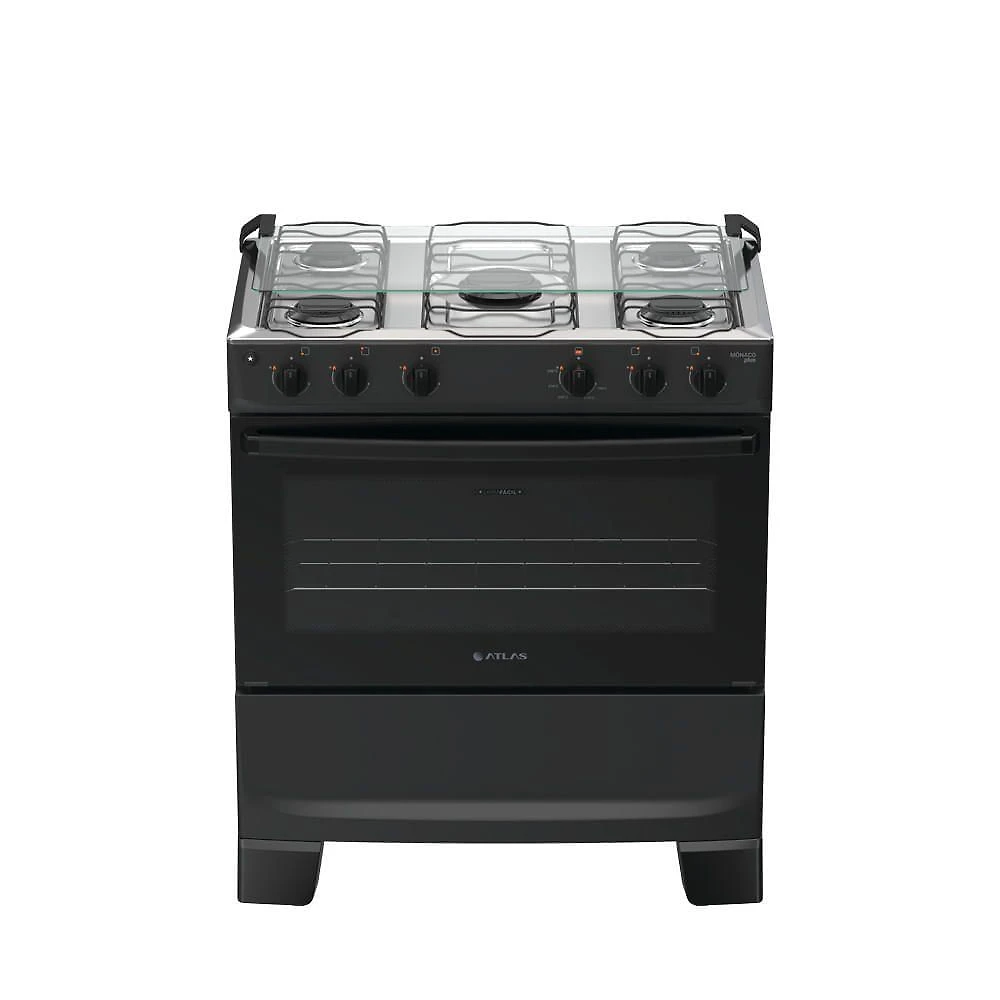 Fogão de Piso 5 Bocas Gás GLP Atlas Mônaco Plus Mesa Inox Automático Preto Bivolt