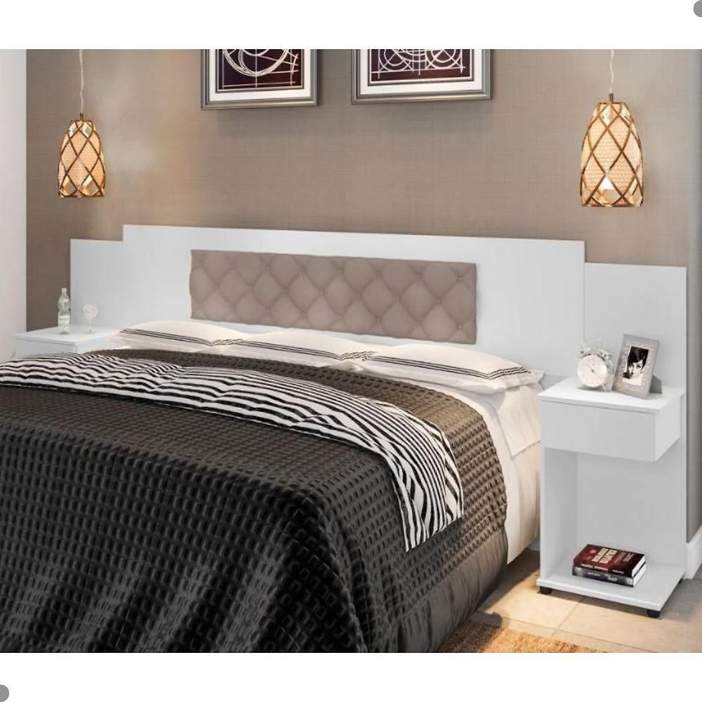 Cabeceira Box Mística Queen com Mesas MDF-MDP Branco Bege Framar