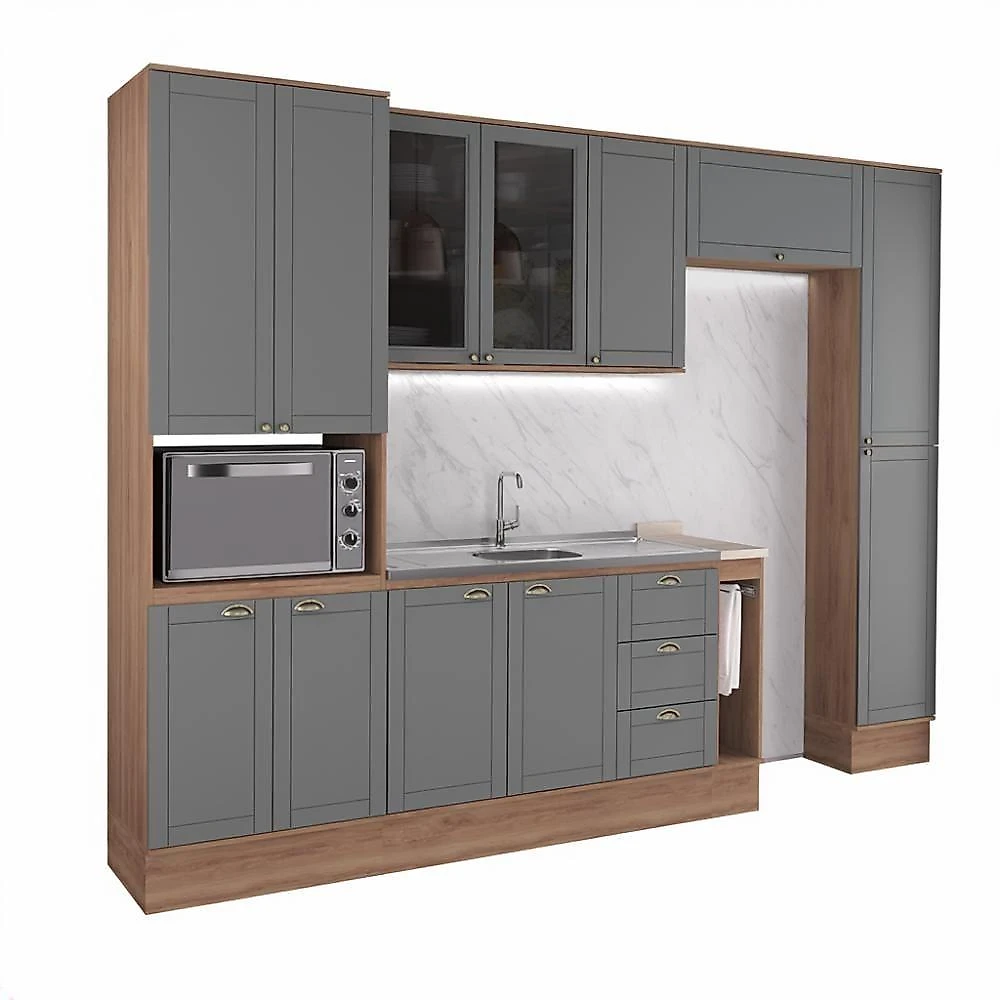 Cozinha Milla One 12 Portas 3 Gavetas MDF-MDP 310CM Nogal Móveis Carraro