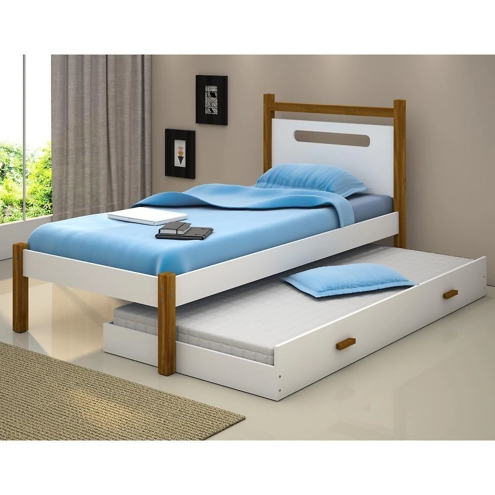 Cama Solteiro Juvenil Helo com Cama Auxiliar MDF Branco Divaloto Móveis