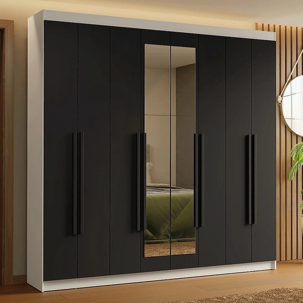Guarda-roupa casal 8 portas batentes com espelho branco/preto/preto saturno madesa