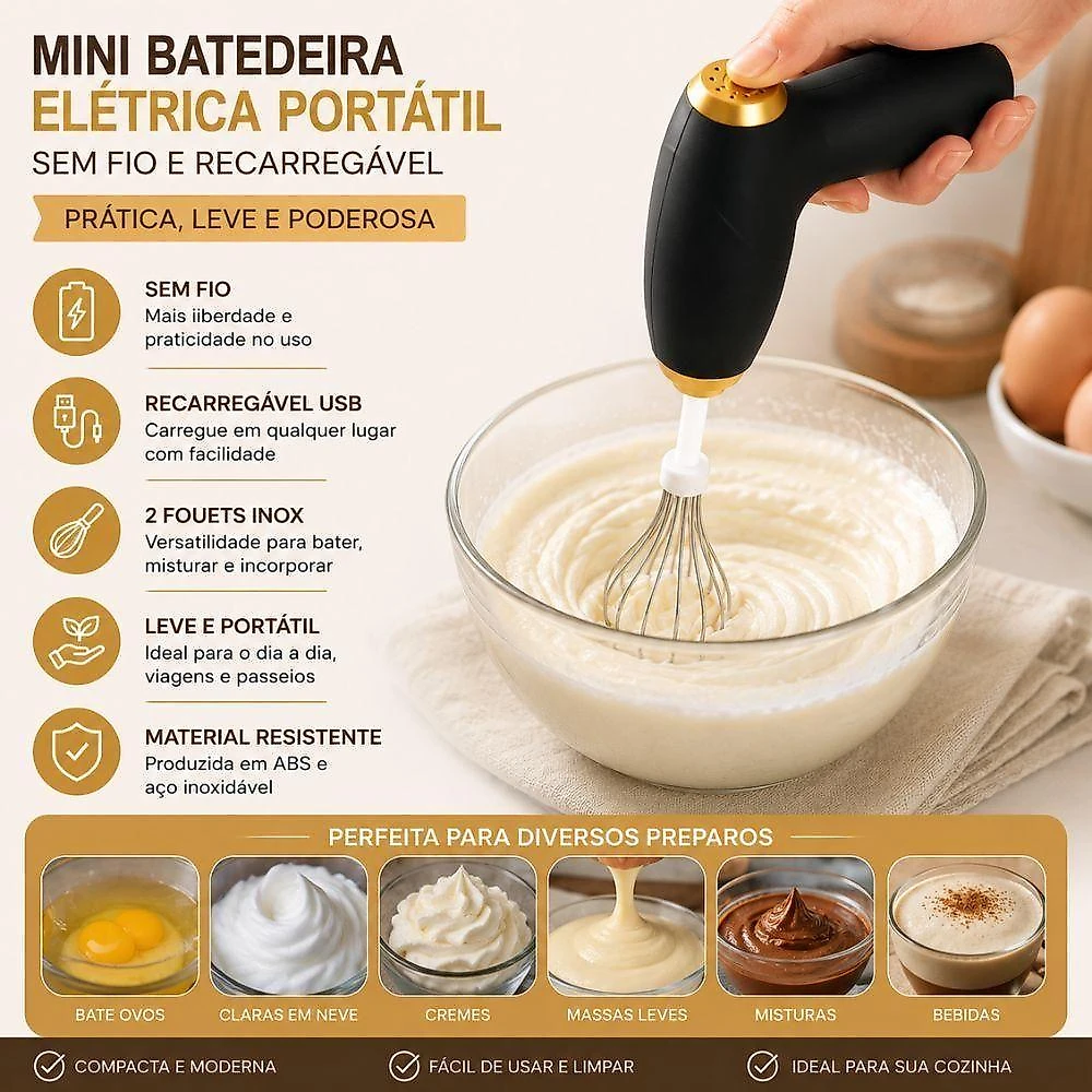 Batedeira Eletrica Portatil Misturador Manual sem Fio ABS e Aco Inoxidavel Recarregavel USB 2 Fouets