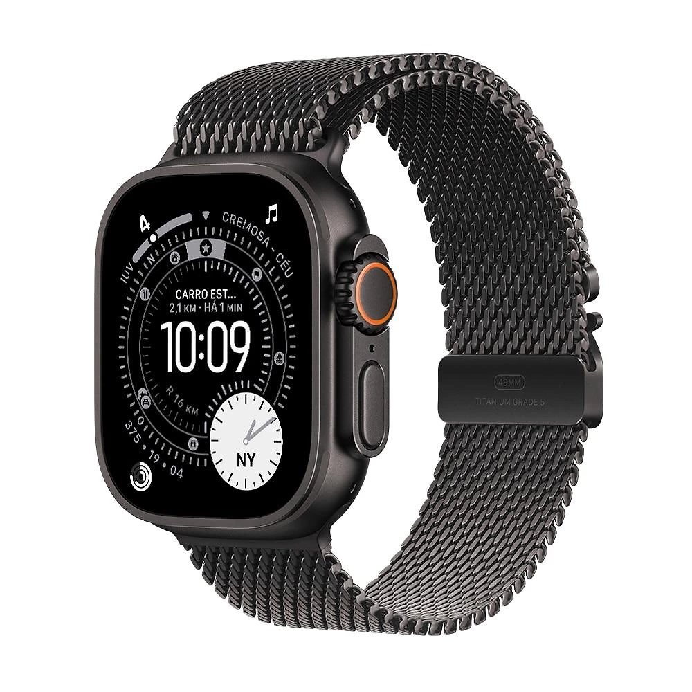 Apple Watch Ultra 3 GPS + Cellular, 49 mm, Caixa Preta de Titânio, Pulseira Preta Estilo Milanês de Titânio – P