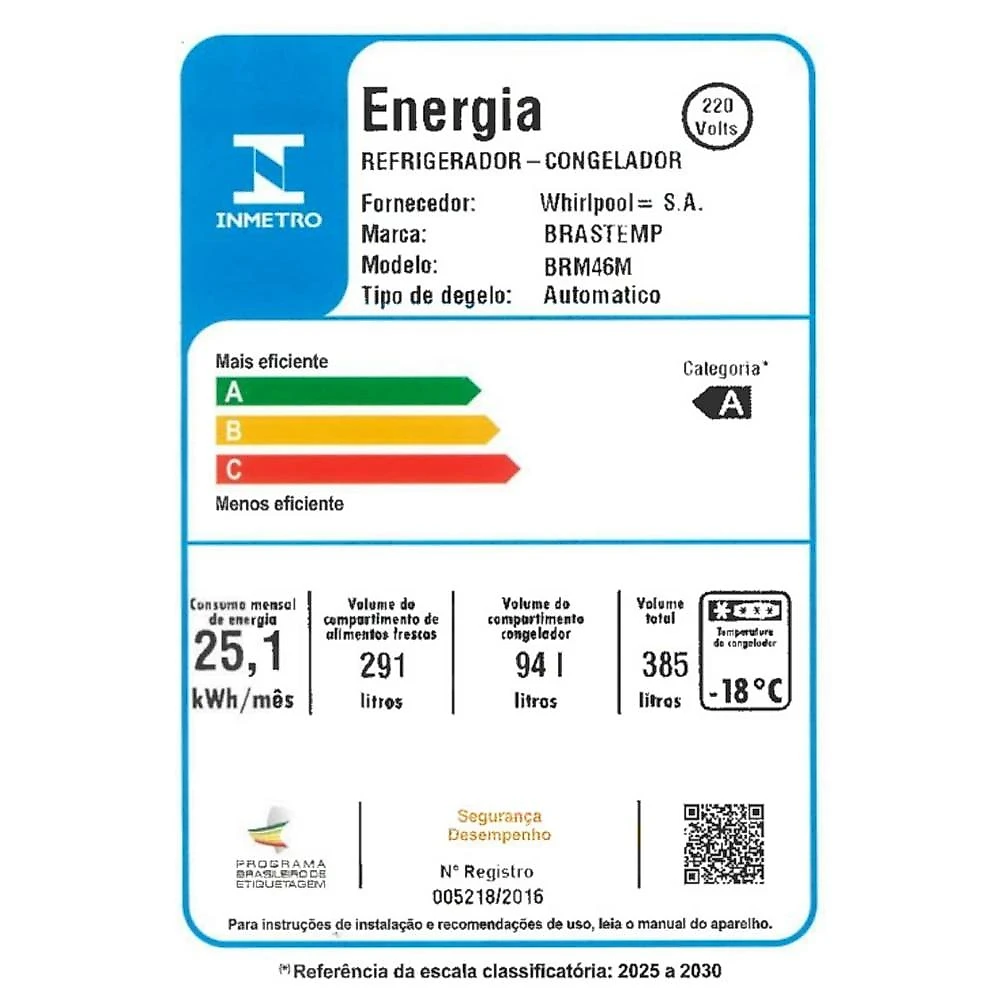 Geladeira Brastemp Frost Free Duplex BRM46MB, 385 Litros, Branca - 220V 220 Volts