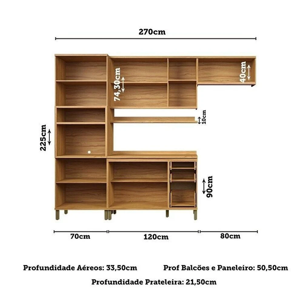 Cozinha Modulada Compacta 270cm 4 Peças 10 Portas com Tampo 100% MDF Noruega Fresada Espresso Móveis Amêndoa/Chumbo