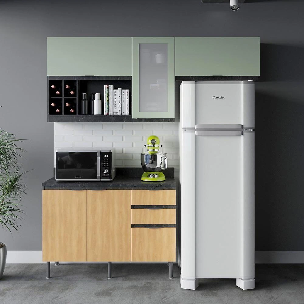 Cozinha Modulada Esmeralda 4 Portas 1 Gaveta MDP 200CM Lunar com Verde Mar e Freijó Tecno Mobili