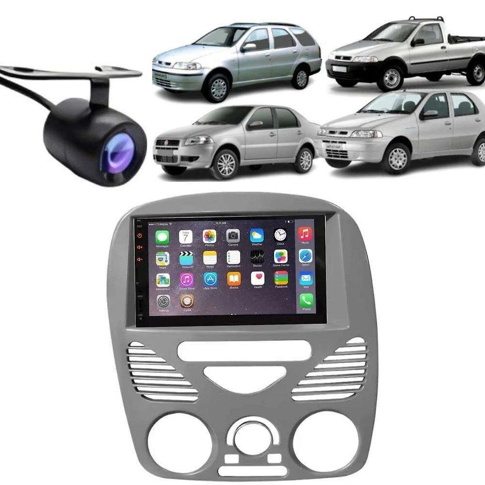 Central Multimídia 2 Din Mp5 Fiat Siena G3 7 Touch Screen Cinza Bluetooth USB com Moldura e Câmera