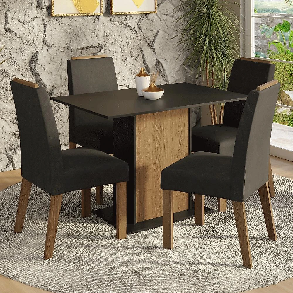 Conjunto sala de jantar tampo de madeira 4 cadeiras rustic/preto/oxford acácia madesa