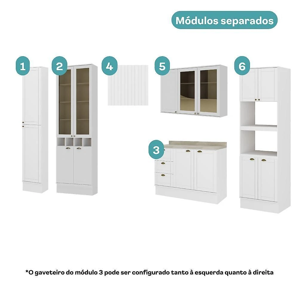 Cozinha Milla Cora Flow 15 Portas 3 Gavetas MDF 360CM Branco Móveis Carraro