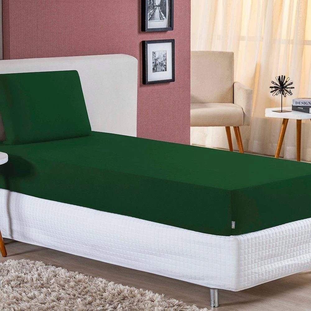 Jogo De Cama Solteiro Nobre 2 Peças Lençol Com Elástico De 30cm De Altura Malha 100% Algodão - Verde-bandeira