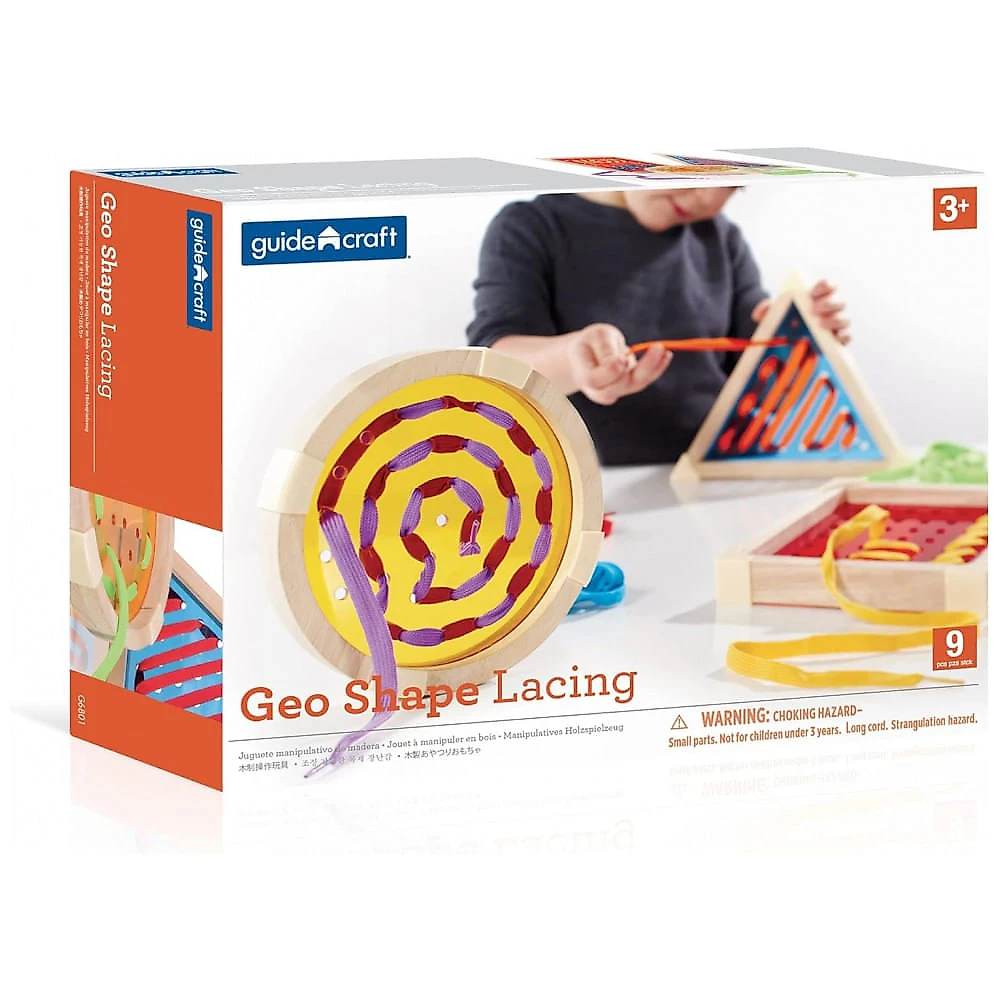 Brinquedo educativo Guidecraft Geo Shape Lacing madeira colorido, 3 placas para costurar formas geométricas, 6 cadarços multicoloridos, modelo Geo S