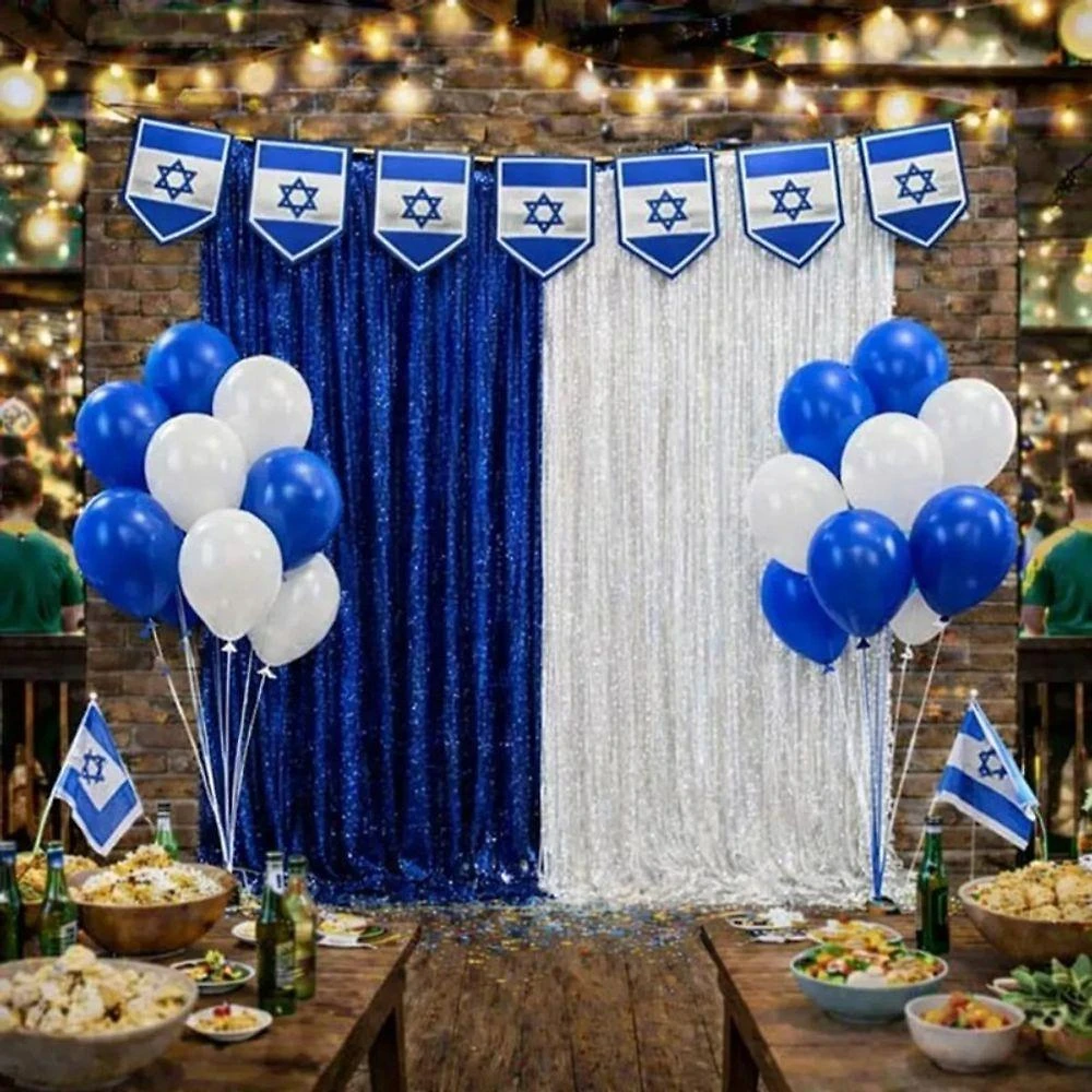 Kit de Decoração Israel Metalizado Cortinas Balões Faixa Azul e Branco Extra Festas