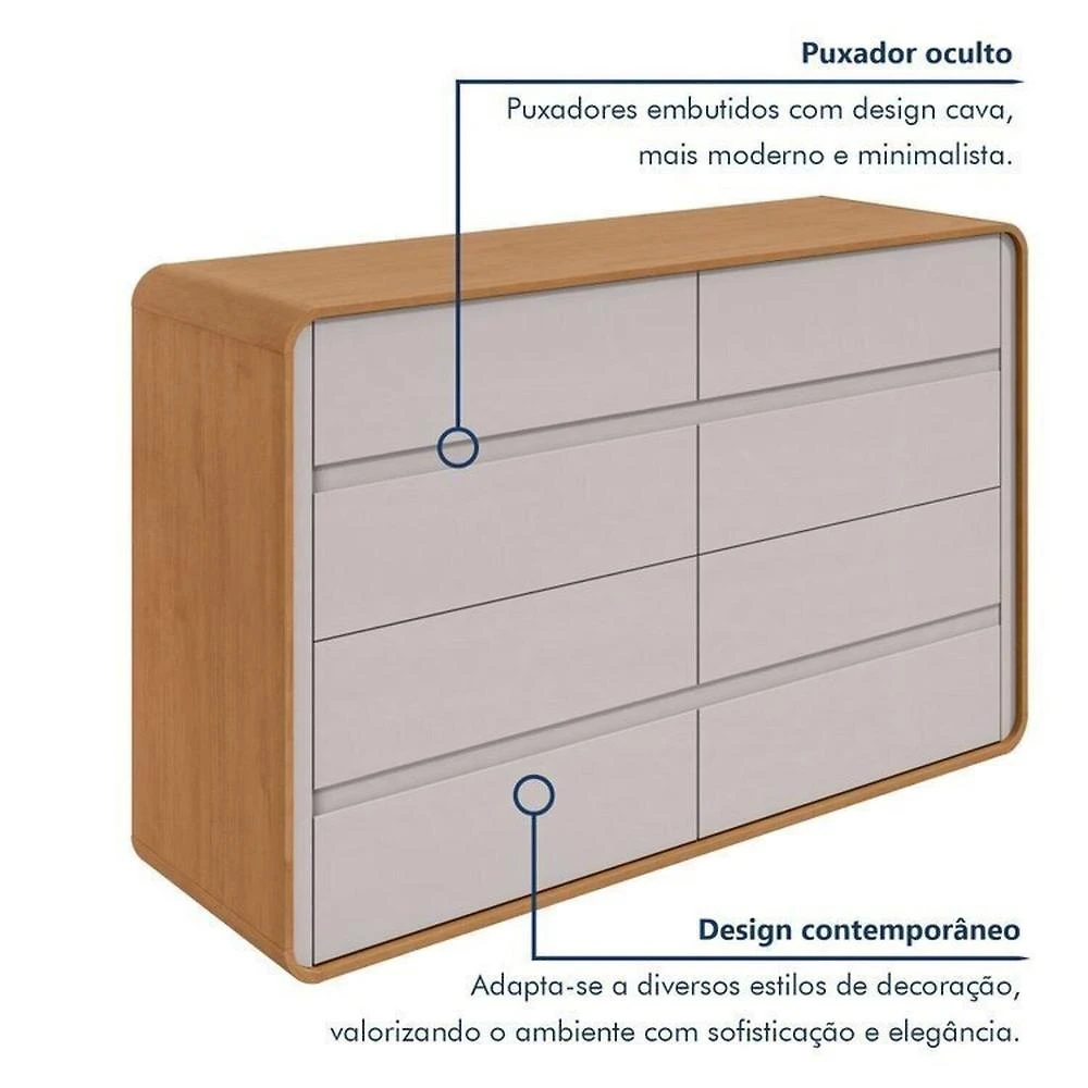 Quarto Completo Cama Solteiro com Cômoda 8 Gavetas e Mesa de Cabeceira Amêndoa Clean/Off White