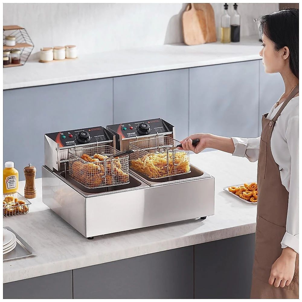 Fritadeira Elétrica Comercial VEVOR Dupla 2x6L Inox Controle de Temperatura 110V