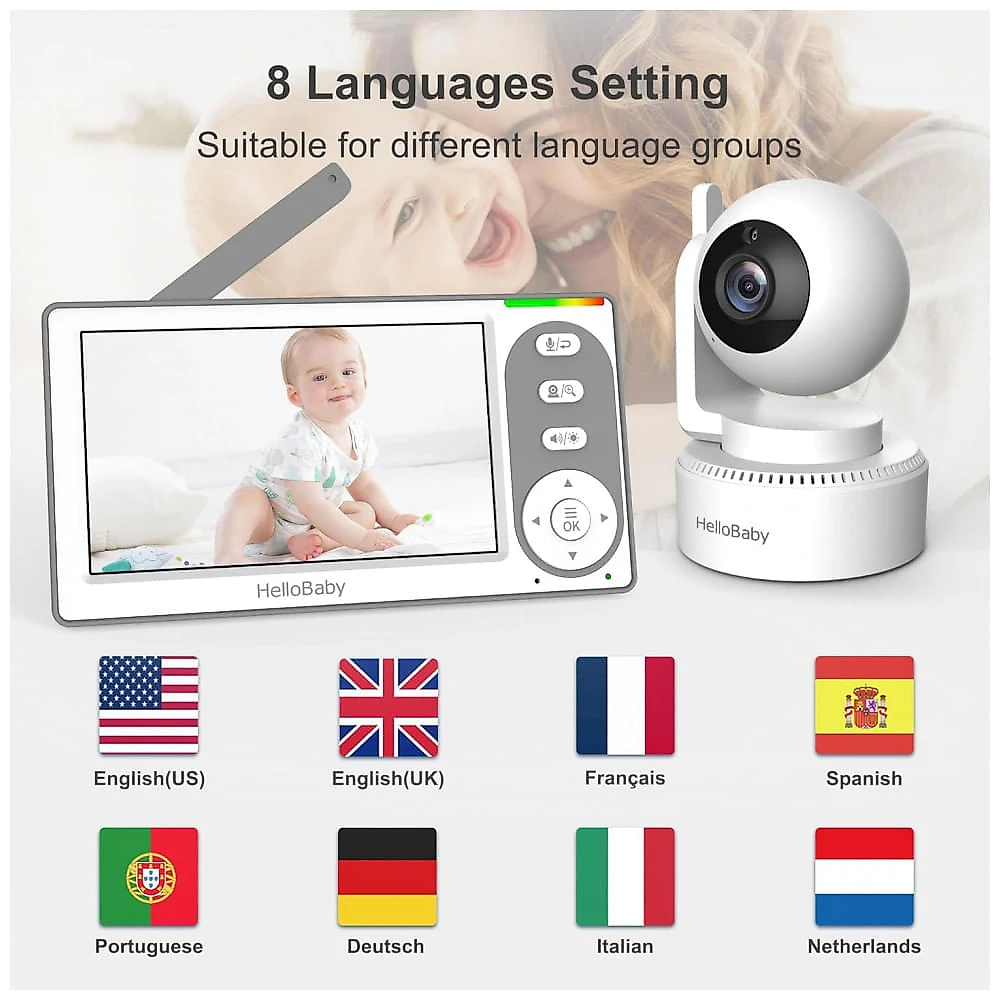 Babá Eletrônica HelloBaby 10 cm com Bateria de 30 Horas, Controle Remoto PanTiltZoom Sem WiFi, Câmera e Áudio, Visão Noturna, Modo ECO