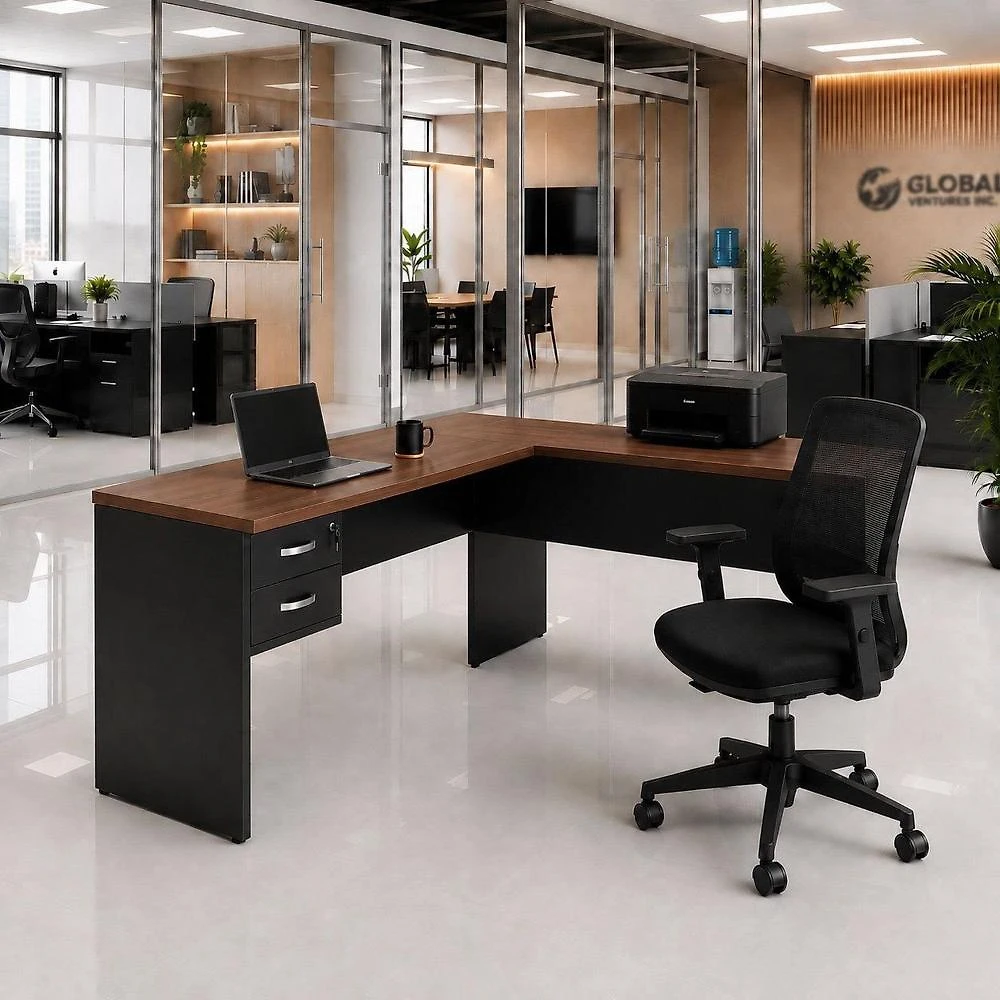 Mesa de Escritório em L 120x60cm com 2 Gavetas + Cadeira de Escritório Ergonômica Reclinável