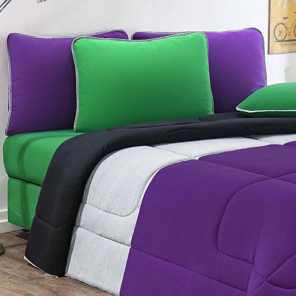 Kit Edredom + Jogo De Lençol Malha 100% Algodão Urbano 7 Peças King - Roxo-mescla-preto